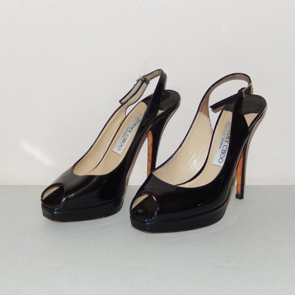 Jimmy Choo 36 6 Black Patent Peeptoe Slingback Heels Shoes Pumps Authentic - Picture 1 of 11